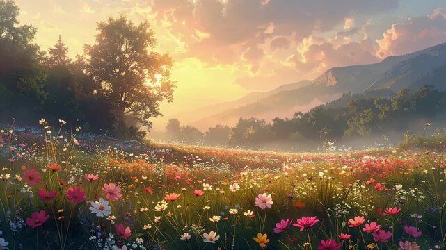 Flower field loop layered petals swaying morning light shifting across blooming meadow vista