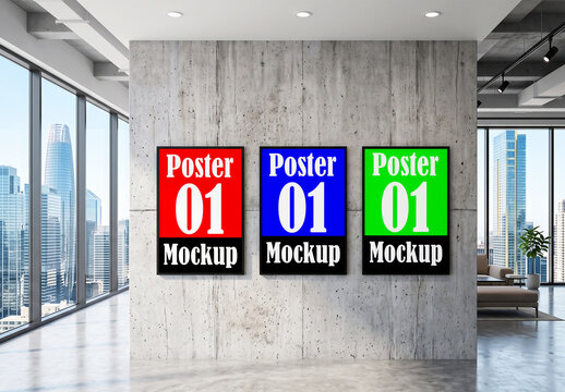 Three blank poster mockups on concrete wall in modern office