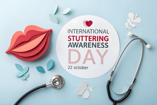 International stuttering awareness day paper art composition featuring a red paper mouth and a medical stethoscope placed on a light blue background to celebrate the annual event in October