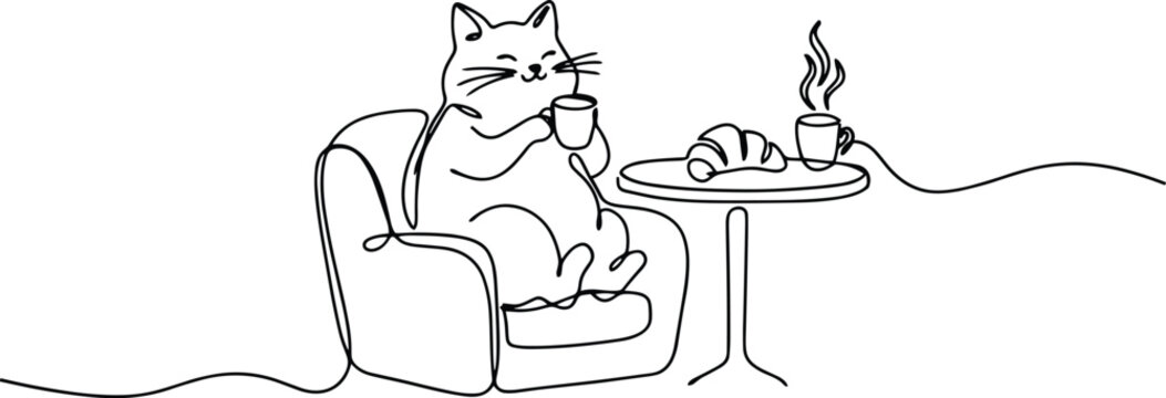 Continuous line of a cat sitting in an armchair drinking coffee with a croissant