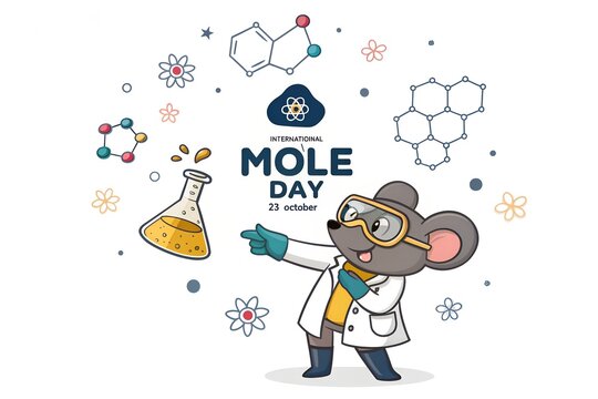 Cute cartoon mouse dressed as a scientist wearing protective goggles and a lab coat points towards a glowing chemical flask while celebrating the scientific holiday known as international mole day.