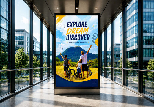 Vertical Advertising Display Mockup in Modern Office Building Corridor