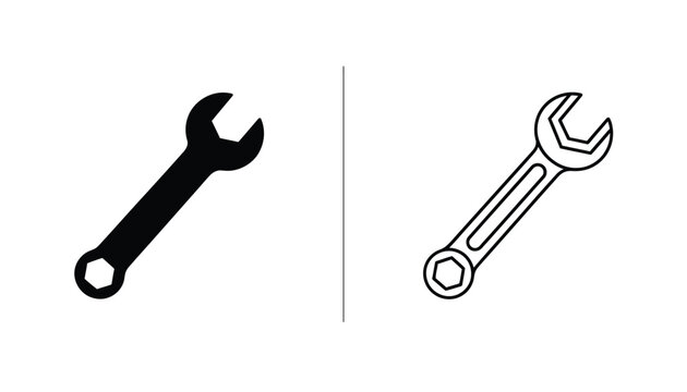 Wrench Silhouette and Outline Icon Set for Mechanical Repairs and Construction Work