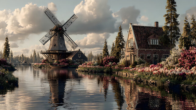 Traditional Netherlands windmill vibrant spring flowers picturesque village landscape wallpapers