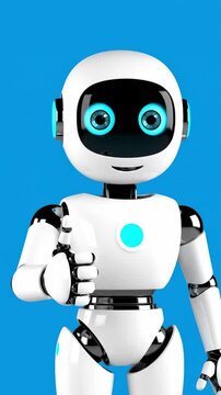 Friendly robot waving hello and giving thumbs up in a bright blue studio setting with clean lighting