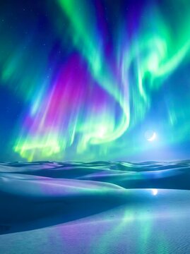 Vibrant auroras dance above snowy dunes under a full moon