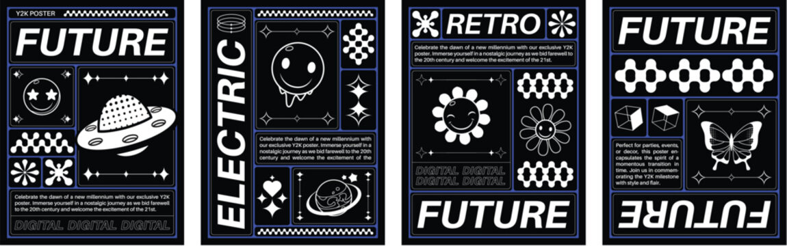 Abstract technological flyer set with futuristic interface grid lines and wireframes vector