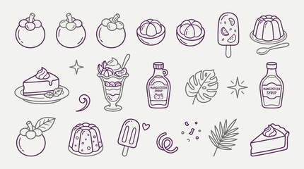 A delightful collection of hand-drawn illustrations featuring mangosteens, desserts, and tropical elements, perfect for culinary or travel themes. © Rra Terra