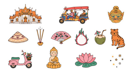Fototapeta premium Collection of Thai cultural icons and symbols including a temple tuktuk and tiger