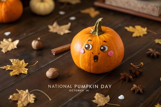 Small orange pumpkin with a cute surprised face made of googly eyes and pink cheeks sits on a rustic dark wooden table surrounded by autumn leaves and festive seasonal spices