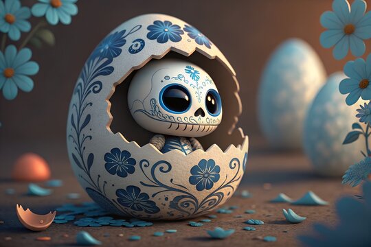 Adorable baby sugar skull character peeking out from a decorative cracked easter egg featuring intricate blue floral patterns in a soft studio lighting setting with cute flowers in the background