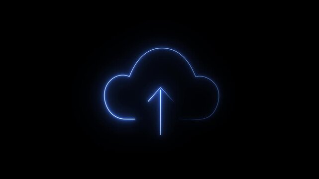 Neon cloud upload icon on a black background. 4k