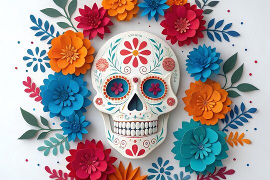 Intricate white sugar skull decorated with vibrant floral patterns surrounded by colorful paper craft flowers arranged in a festive composition on a clean white background for a traditional holiday ce