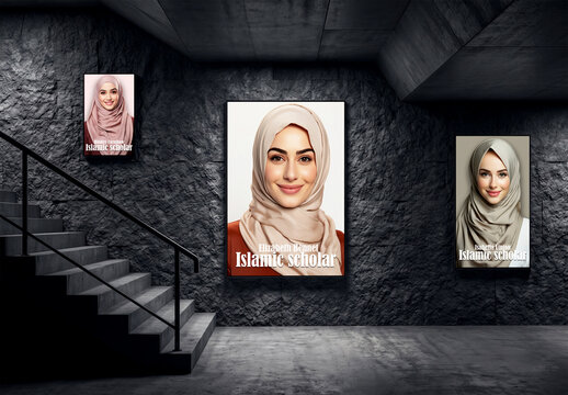 Vertical poster mockups on dark stone wall by stairs