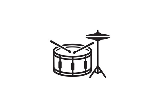 Minimalist drum kit vector icon, black snare drum with drumsticks and hi-hat cymbal, musical instrument percussion line art for band logos