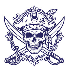 Fototapeta premium A dark blue of a pirate skull wearing a tricorn hat with a feather and a small skull symbol, set against two crossed swords and an ornate decorative frame, white t-shirt poster