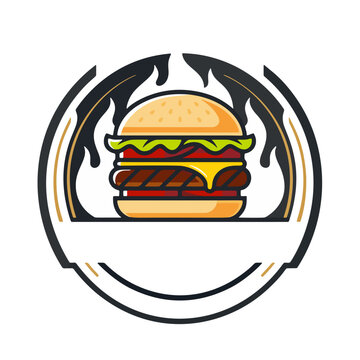 Stylish grilled hamburger logo with flame accents inside a circular emblem with a blank ribbon banner. Suitable for BBQ restaurants, gourmet burger shops, food festivals, and street food vendors