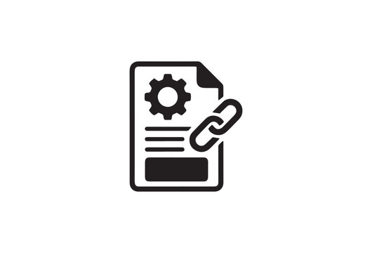 Black document icon with gear and chain link, digital file processing and automation symbol, technical documentation and backlink vector illustration