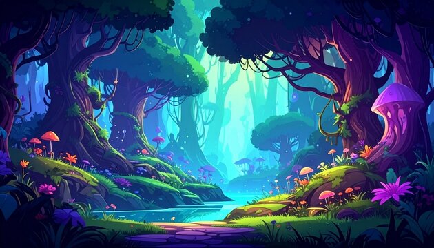 Vibrant neon abstract digital art landscape with glowing elements.