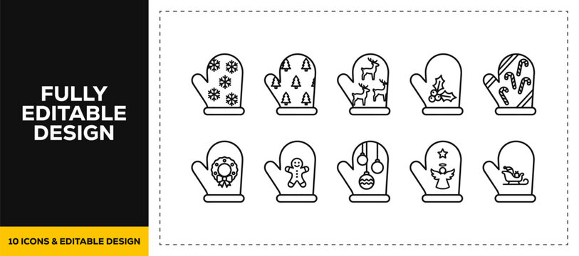 flat vector illustration line art icon bundle set design depicting winter holiday clothings warm knitted mittens cozy gloves seasonal apparels and cold weather UI