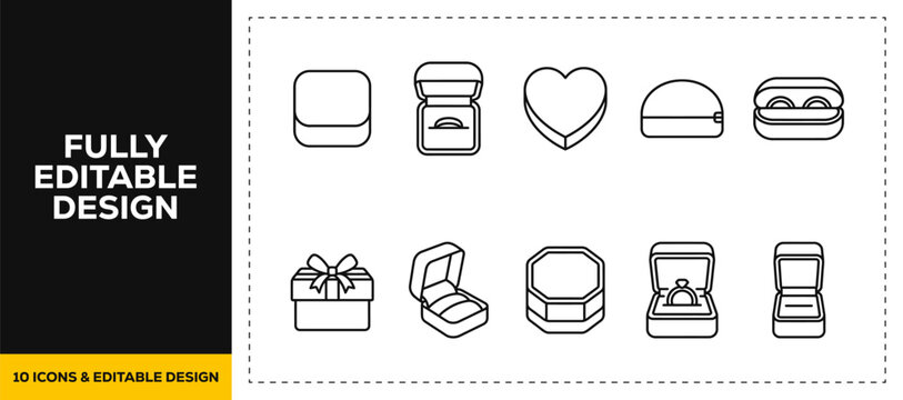 flat vector illustration line art icon bundle set design covering elegant jewelry boxes diamond ring packages open luxury cases and romantic gift containers graphic