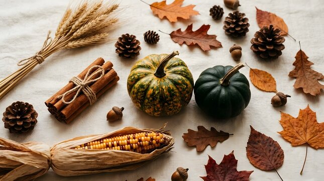 Happy thanksgivings day festive autumn still life with pumpkins corn and natural fall elements
