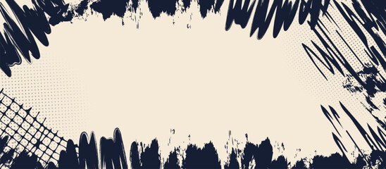 Beige background featuring a halftone dot pattern element. A grunge texture incorporating lines, doodles, strokes, rough charcoal or pen marks, underlines, strikethroughs, and grids. A concept for gra © Riva