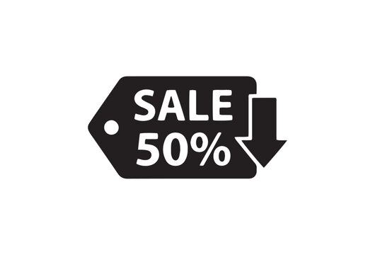 Black sale tag icon with 50 percent discount text, retail price reduction label with down arrow, half price promotional vector graphic