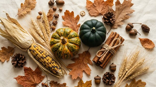 Happy thanksgivings day festive autumn harvest still life with pumpkins corn and fall leaves