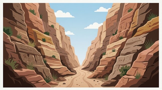 Stylized Desert Canyon Illustration with Sandy Path and Steep Rocky Cliffs under a Blue Sky