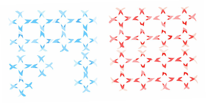 Abstract crosshatch pattern with blue and red brushstrokes on white