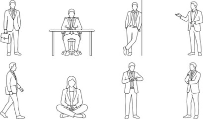 Obraz premium Business People Line Drawings in Professional Office Poses and Activities Illustration