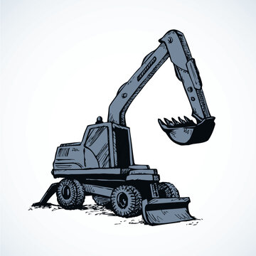 Utility pneumatic mini cutcat model with dipper and big rubber bus isolated on white background. Outline hand drawn sign icon logo pen on paper. Side view on space for text on quarry grub land
