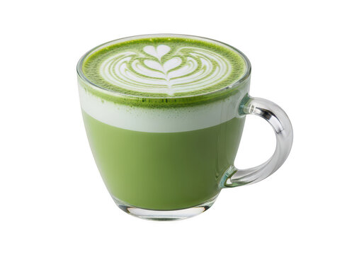 A warm glass cup of hot matcha latte with creamy foam art served for a healthy morning drink