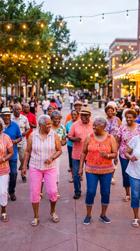 senior black people walking community group street active social friendship Joyful neighbors stroll beneath decorative lights expressing connection healthy aging companionship and vibrant city life
