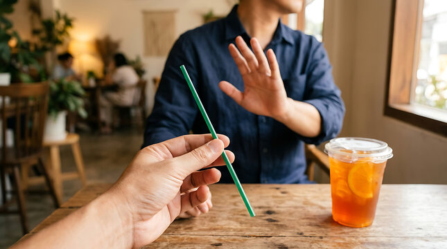 Person Refusing Green Plastic Straw in Cafe to Reduce Waste for Environmental Protection