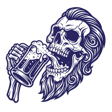 A dark blue of a bearded skull with long hair holding a frothy beer mug on at-shirt poster white background, biker club brewery branding, or alternative projects