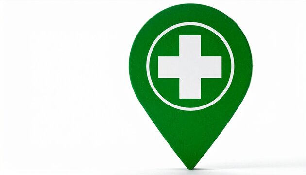 Green medical location pin with white cross, symbolizing healthcare, emergency aid, and trusted services.