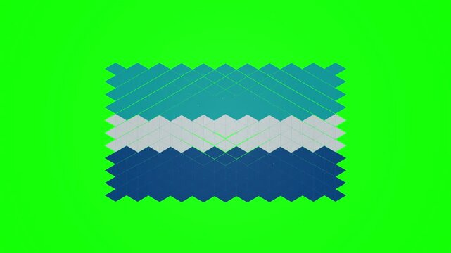 Stylized Sierra Leone flag with geometric pattern waving on green screen background, 3D motion graphic render