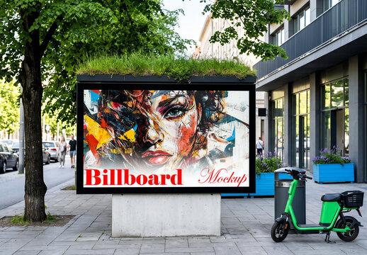 City sidewalk horizontal billboard mockup with green roof