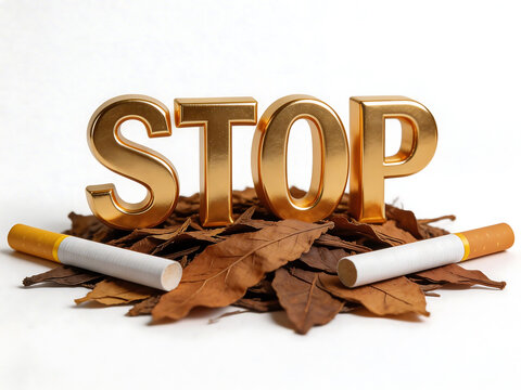 Stop sign made of gold letters on tobacco leaves