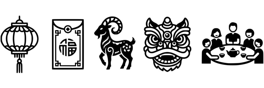Traditional Chinese New Year vector icons featuring lion dance and cultural elements
