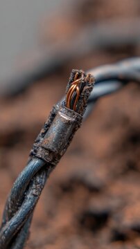 Close-up view of a damaged electrical cable with visible wear on the insulation and exposed wires