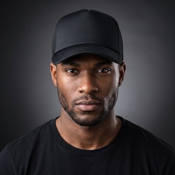 Serious young Black man in 20s looking at camera indoors against a dark gray studio background wearing a casual black t shirt and baseball cap