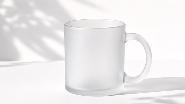 Blank white ceramic coffee mug mockup with soft leaf shadows on a white table
