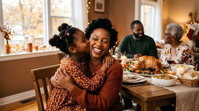 Heartwarming happy thanksgiving day celebration family gathering with hugs and festive dinner