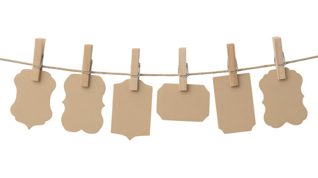 Blank brown paper price tags or labels hanging on a rope with wooden clothespins for sale and marketing promotion display mockup isolated on a simple light backdrop isolated on transparent background