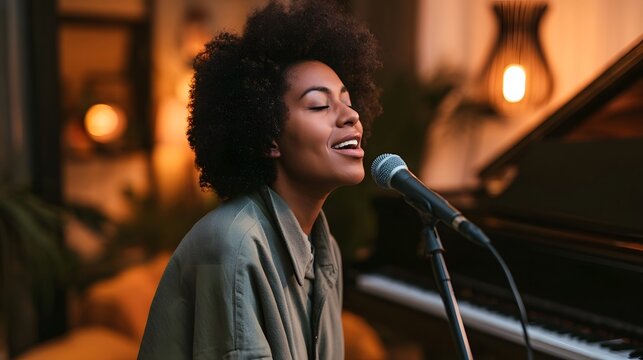 A woman sings into a microphone while seated near a piano in a warmly lit indoor space with soft background lighting