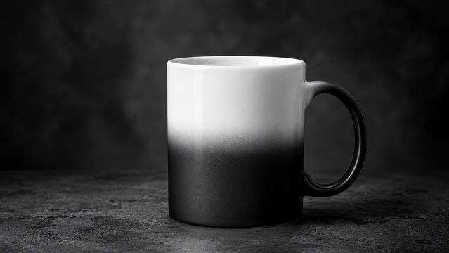Blank color-changing magic mug mockup transitioning from black to white on a dark background