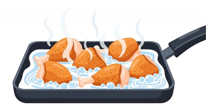 Boiling chicken drumsticks in pan vector illustration.